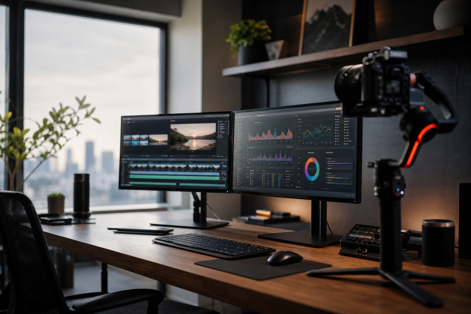 Studio kreator dengan monitor produksi konten